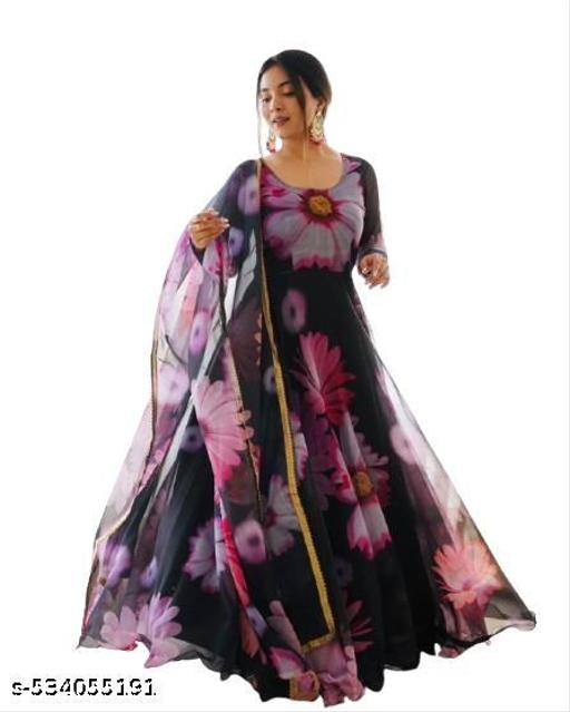 Women's stylish designer georgette full length fancy's gown kurti with dupatta set - roslyncart