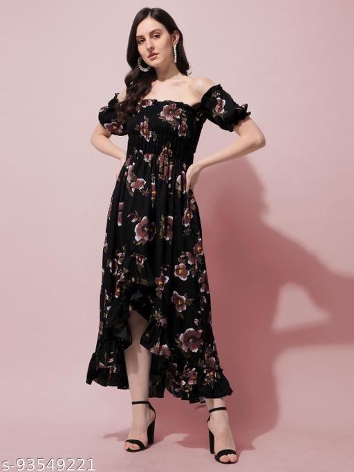 Women's Floral Square Neck Black Dresses - roslyncart