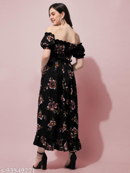 Women's Floral Square Neck Black Dresses - roslyncart