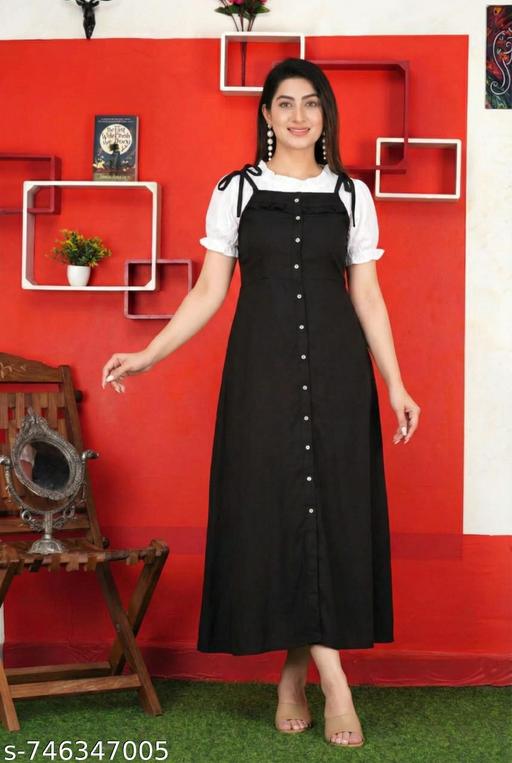 Women's Black color dungaree Dress WhiteTop Dress For Girl Classic Rayon Dungaree dress Women Casual Solid Shoulder Dungaree Dress - roslyncart