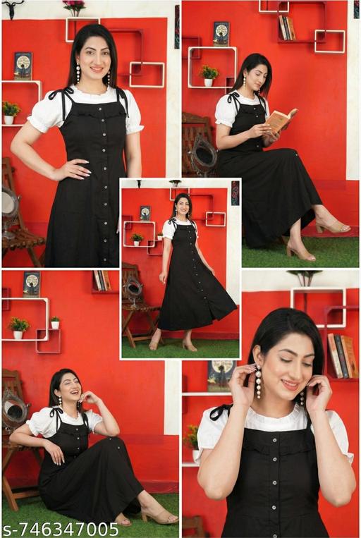 Women's Black color dungaree Dress WhiteTop Dress For Girl Classic Rayon Dungaree dress Women Casual Solid Shoulder Dungaree Dress - roslyncart