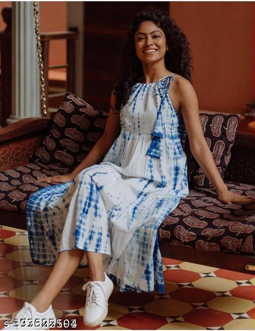 FANCY ELEGANT WHITE RAYON BLUE TYR DYE WESTERN WEAR DRESS - roslyncart