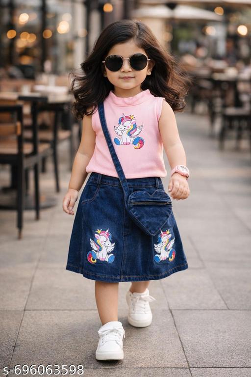 Trendy Cute Unicorn Top & Denim Skirt Set for Little Girls | Stylish & Trendy Kids Outfit with Matching Sling Bag  #KidsFashion #GirlsClothing #UnicornOutfit #DenimSkirtSet #CuteKidsWear #TrendyBabyGirl #KidsOOTD #StylishGirlsWear #Dapperfits #LittleFashionista - roslyncart