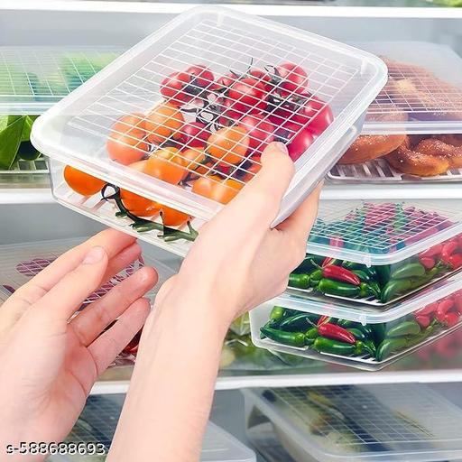 Food Storage Containers (Pack of 4) | Fridge & Freezer Organizer Boxes | Ideal for Fish, Meat, Vegetables, & Fruits | Fridge Organizer| Kitchen Storage Boxs | Plastic Storage Containers | Meat Storage | Fish Storage | Vegetable Storage | Fruit Storage | Drain Plate Container 