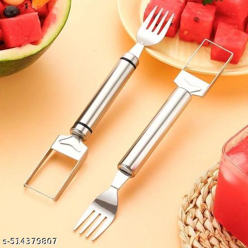 VATTU 2-in-1 Stainless Steel Fruit Cutter, Watermelon Fork Slicer Cutter for Home Kitchen Gadget, Slicer Tool, Dual Head Fruit Forks Slicer Knife - Kitchen Accessories Only