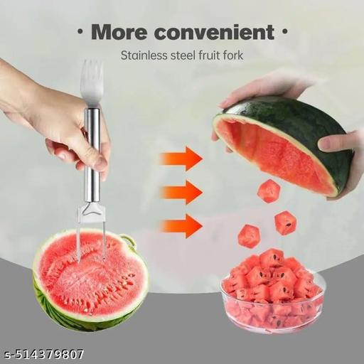 VATTU 2-in-1 Stainless Steel Fruit Cutter, Watermelon Fork Slicer Cutter for Home Kitchen Gadget, Slicer Tool, Dual Head Fruit Forks Slicer Knife - Kitchen Accessories Only