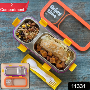 Stainless Steel Leak-Proof Lunch Box with 2 Compartments With Spoon & fork (1 Pc) - KPYARD