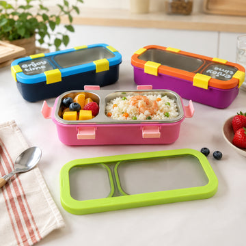 Stainless Steel Leak-Proof Lunch Box with 2 Compartments With Spoon & fork (1 Pc) - KPYARD