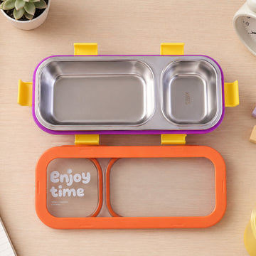 Stainless Steel Leak-Proof Lunch Box with 2 Compartments With Spoon & fork (1 Pc) - KPYARD