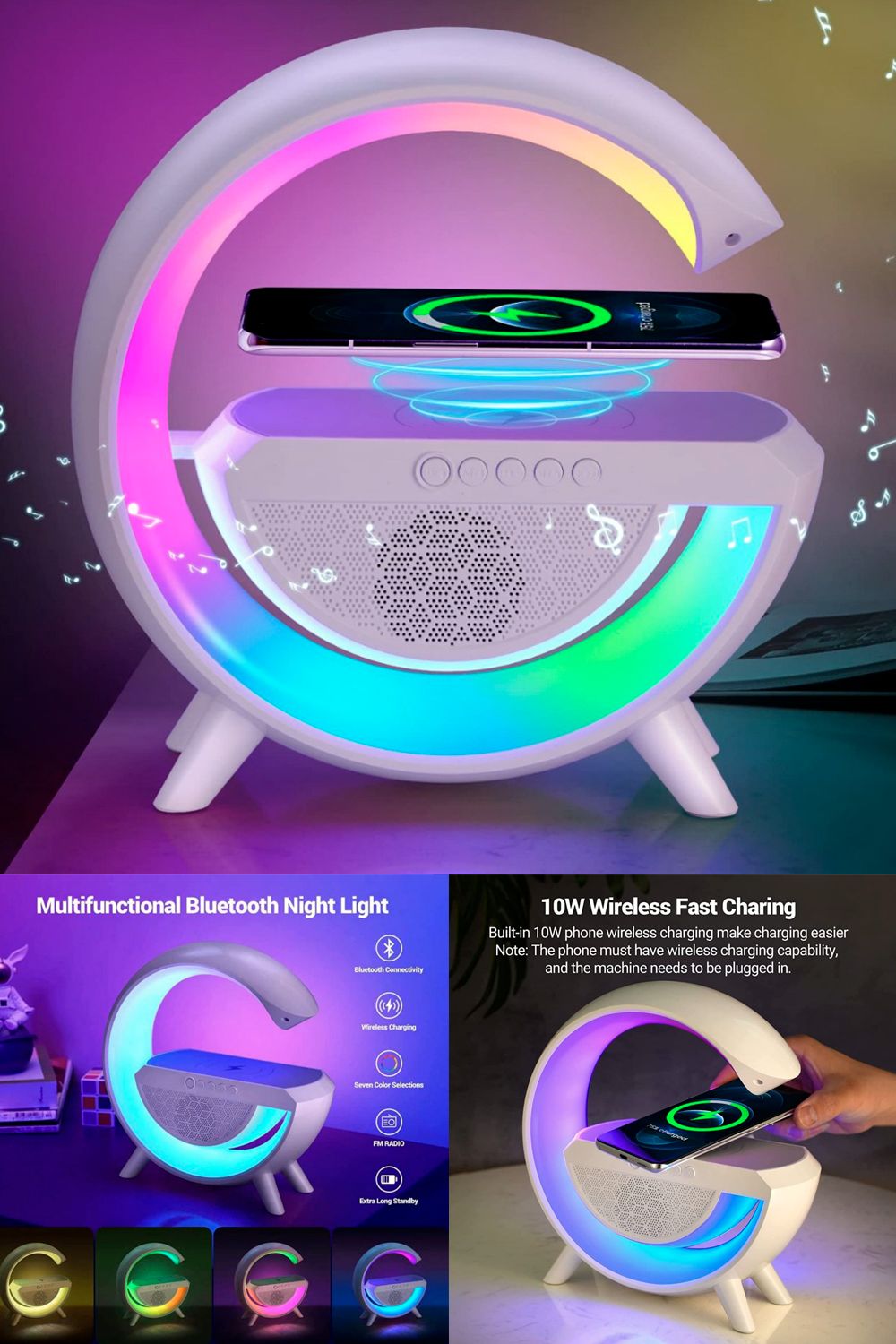 3-in-1 RGB LED Wireless Charging Speaker – Music Sync Ambient Light + Fast Qi Charger + Bluetooth Stereo Sound | Modern Bedside Lamp - KPYARD