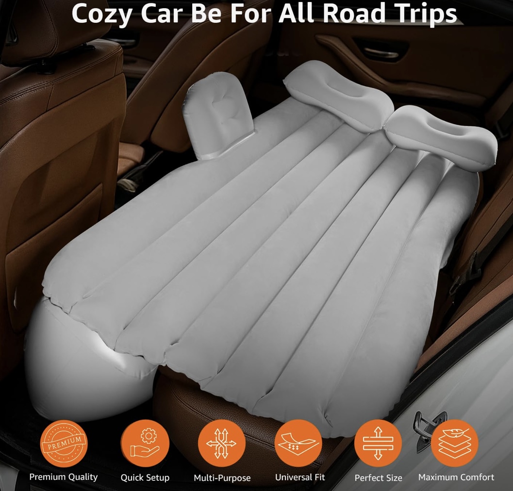 Inflatable Car Bed for Back Seat | Portable Car Sleeping Bed with Pump | Travel, Camping & Long Drive Air Mattress - LuxeLoom