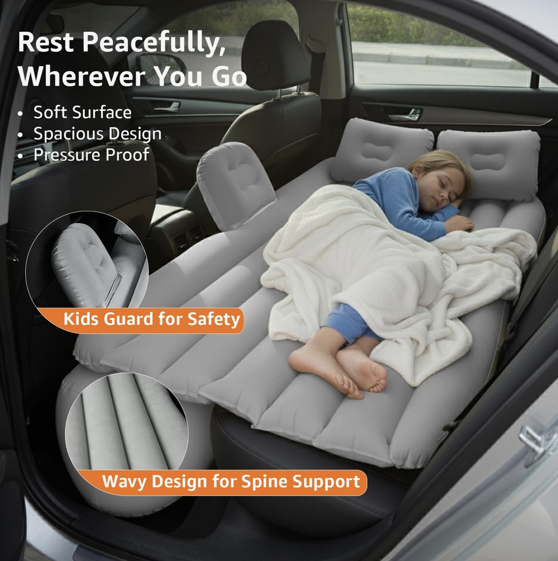 Inflatable Car Bed for Back Seat | Portable Car Sleeping Bed with Pump | Travel, Camping & Long Drive Air Mattress - LuxeLoom