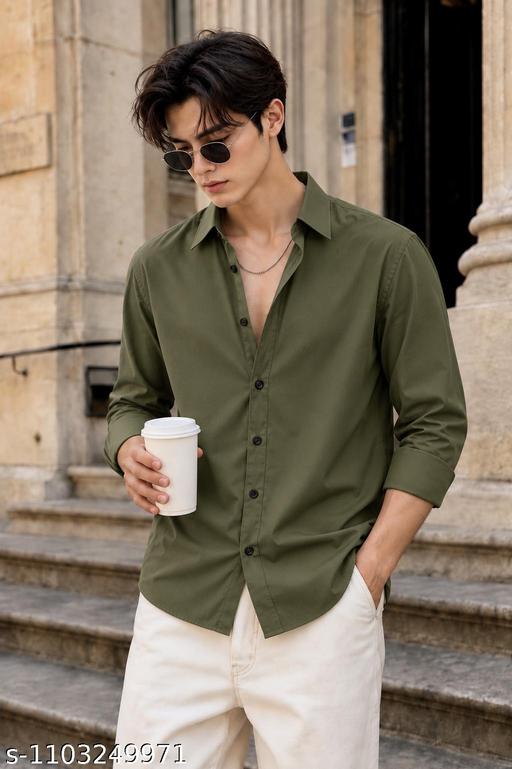 Men Solid Olive Cotton Blend Shirt - Lyca Vogue