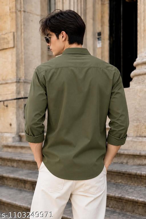 Men Solid Olive Cotton Blend Shirt - Lyca Vogue