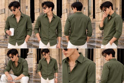 Men Solid Olive Cotton Blend Shirt - Lyca Vogue