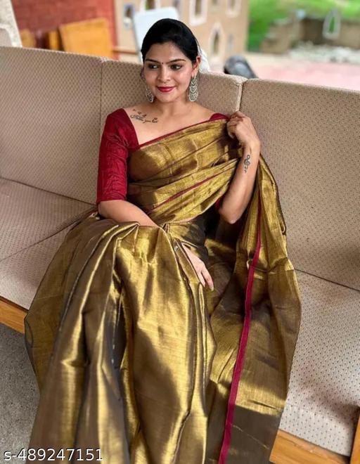 Antique Gold Tissue Cotton Saree with Ruby Border - Lyca Vogue