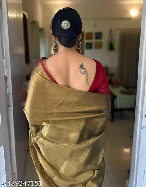 Antique Gold Tissue Cotton Saree with Ruby Border - Lyca Vogue
