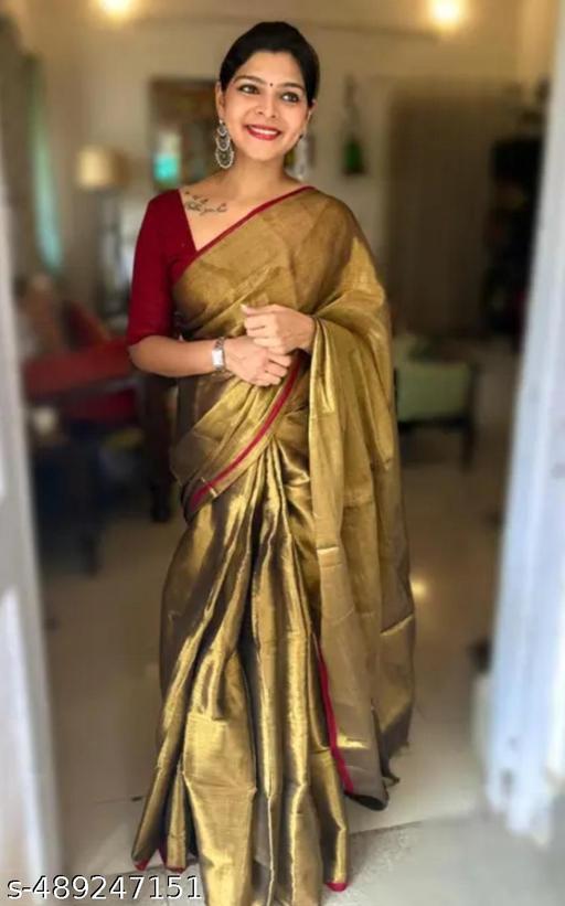 Antique Gold Tissue Cotton Saree with Ruby Border - Lyca Vogue
