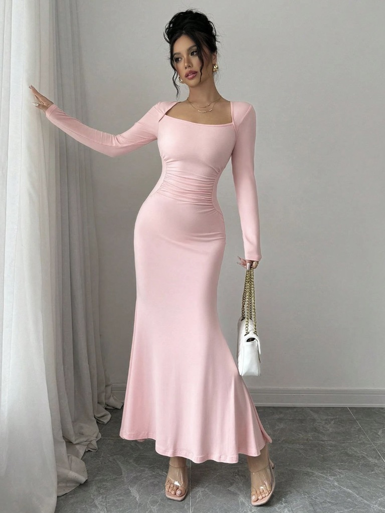 Blush Pink Flare Hem Bodycon Maxi Dress - Lyca Vogue