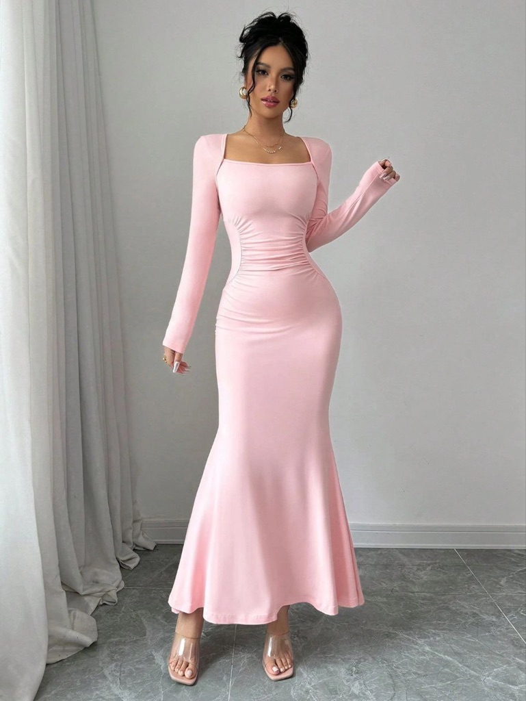 Blush Pink Flare Hem Bodycon Maxi Dress - Lyca Vogue