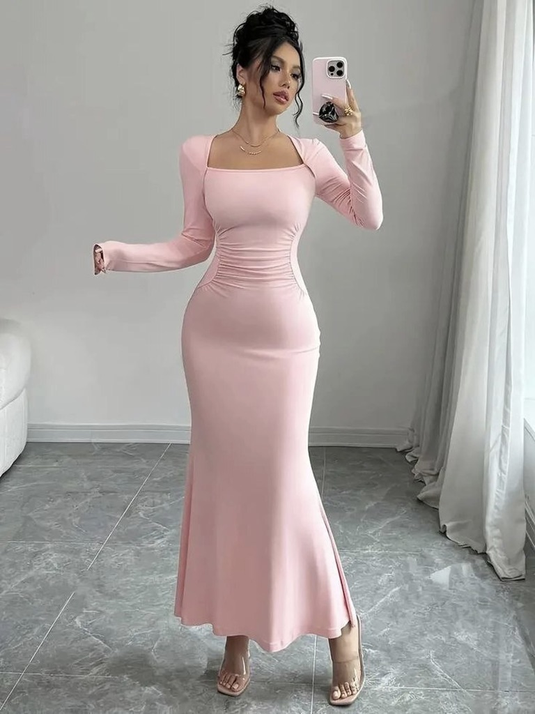 Blush Pink Flare Hem Bodycon Maxi Dress - Lyca Vogue
