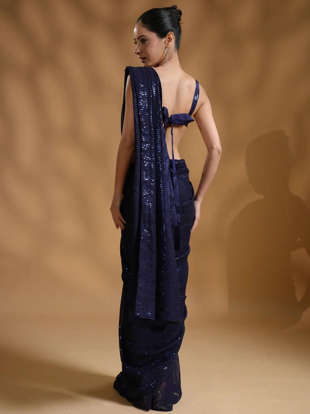 Royal Navy Sequin Saree - Lyca Vogue