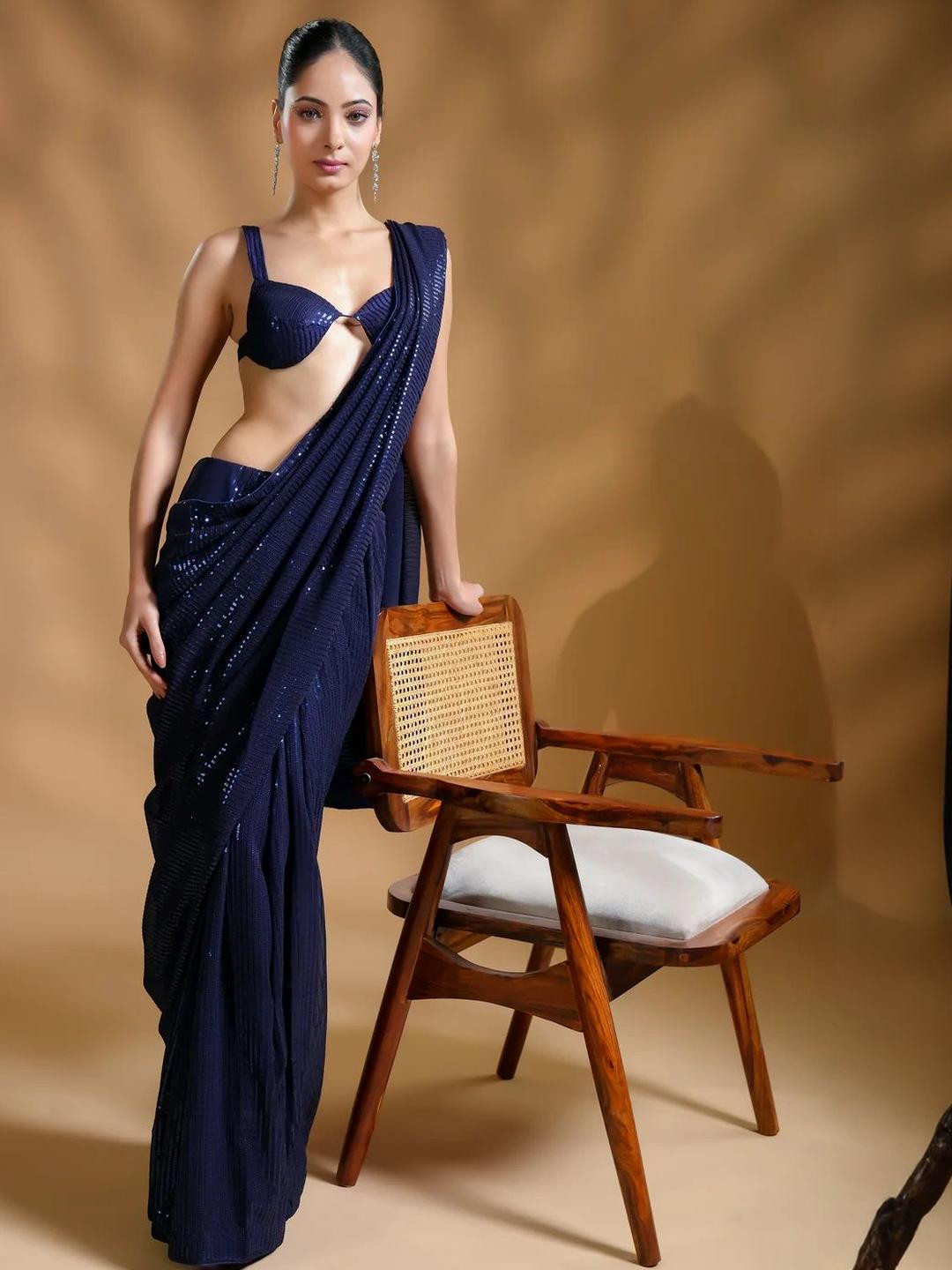 Royal Navy Sequin Saree - Lyca Vogue