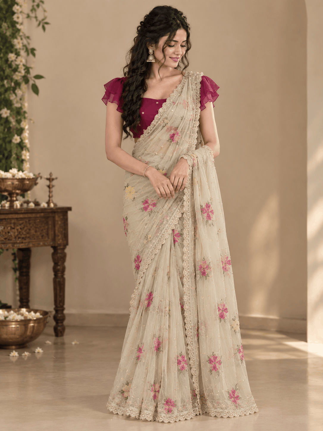 Ivory Blossom Royale Saree - Lyca Vogue