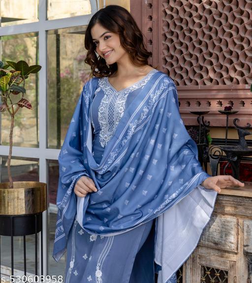 anarkali suit women | kurti set with dupatta | kurti pant set with dupatta | cotton kurta set with dupatta | patiala suit readymade | Women Embroidery Bollywood Style Kurta and Pant set with Dupatta - MC FASHIONS