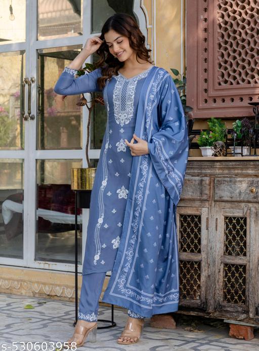 anarkali suit women | kurti set with dupatta | kurti pant set with dupatta | cotton kurta set with dupatta | patiala suit readymade | Women Embroidery Bollywood Style Kurta and Pant set with Dupatta - MC FASHIONS