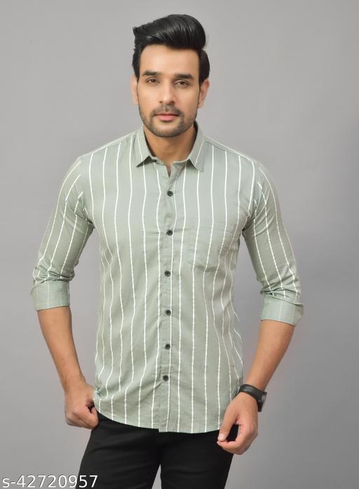 Men's Premium Mintgreen White Vertical Striped Cotton Blend Full Sleeve Casual & Formal Shirt | Regular Fit Stylish Office, Party & Daily Wear Shirt for Men - MC FASHIONS