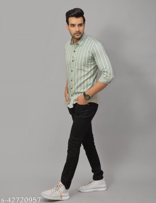 Men's Premium Mintgreen White Vertical Striped Cotton Blend Full Sleeve Casual & Formal Shirt | Regular Fit Stylish Office, Party & Daily Wear Shirt for Men - MC FASHIONS