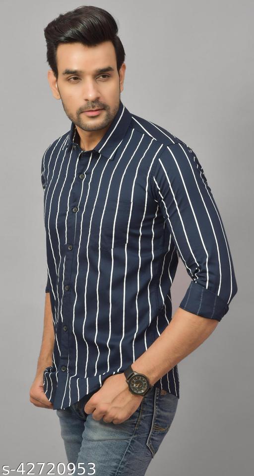 Men's Premium Navy Blue White Vertical Striped Cotton Blend Full Sleeve Casual & Formal Shirt | Regular Fit Stylish Office, Party & Daily Wear Shirt for Men - MC FASHIONS