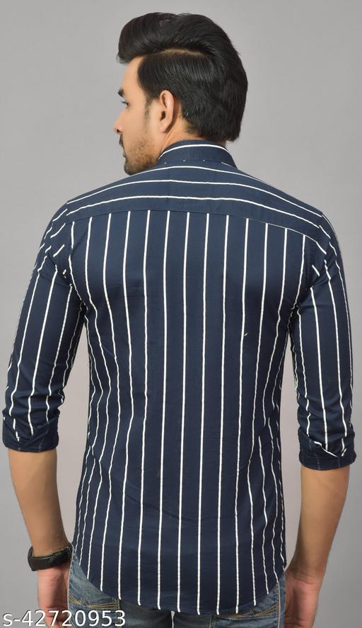 Men's Premium Navy Blue White Vertical Striped Cotton Blend Full Sleeve Casual & Formal Shirt | Regular Fit Stylish Office, Party & Daily Wear Shirt for Men - MC FASHIONS