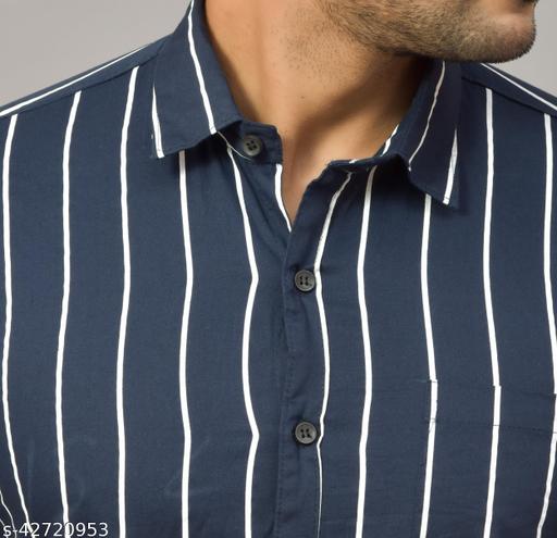 Men's Premium Navy Blue White Vertical Striped Cotton Blend Full Sleeve Casual & Formal Shirt | Regular Fit Stylish Office, Party & Daily Wear Shirt for Men - MC FASHIONS