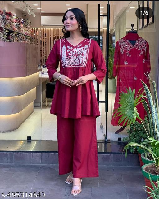 Acttractive women WINE short kurti with palazzo set - MC FASHIONS