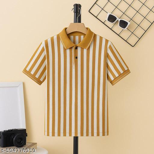 Trendy Mustard & White Striped Polo Neck T-Shirt | Stylish Casual Half Sleeve Cotton Tee for GIRLS - MC-FASHIONS.COM
