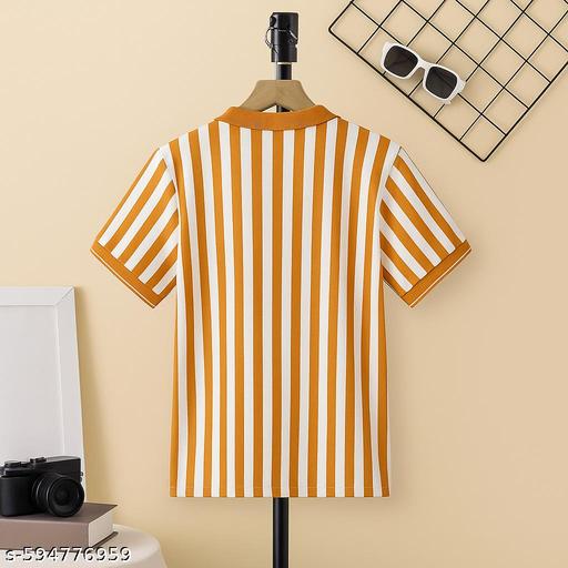 Trendy Mustard & White Striped Polo Neck T-Shirt | Stylish Casual Half Sleeve Cotton Tee for GIRLS - MC-FASHIONS.COM