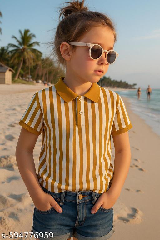 Trendy Mustard & White Striped Polo Neck T-Shirt | Stylish Casual Half Sleeve Cotton Tee for GIRLS - MC-FASHIONS.COM