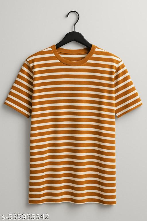 Round neck t shirt brown and withe stripes soft and stylish  - MC-FASHIONS.COM