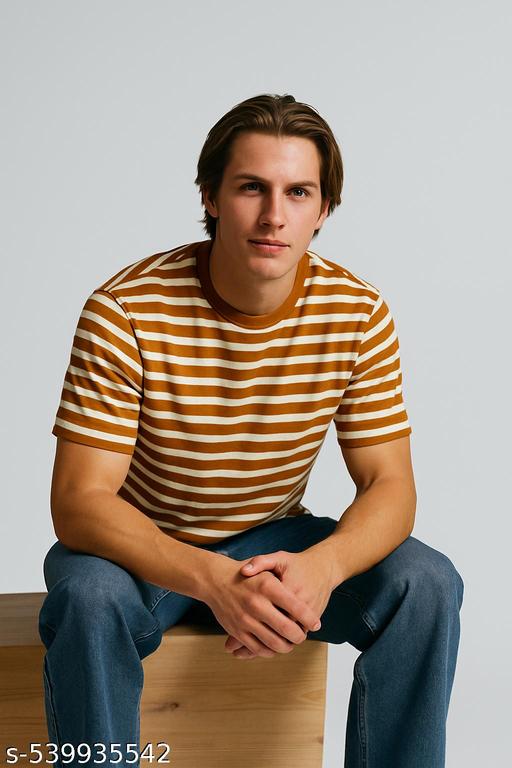 Round neck t shirt brown and withe stripes soft and stylish  - MC-FASHIONS.COM