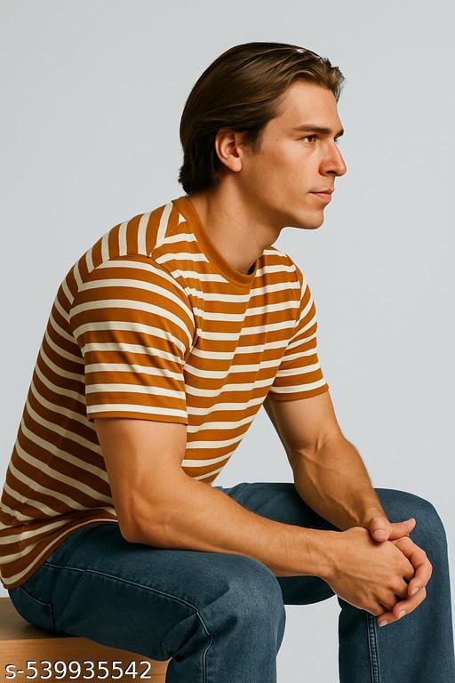 Round neck t shirt brown and withe stripes soft and stylish  - MC-FASHIONS.COM