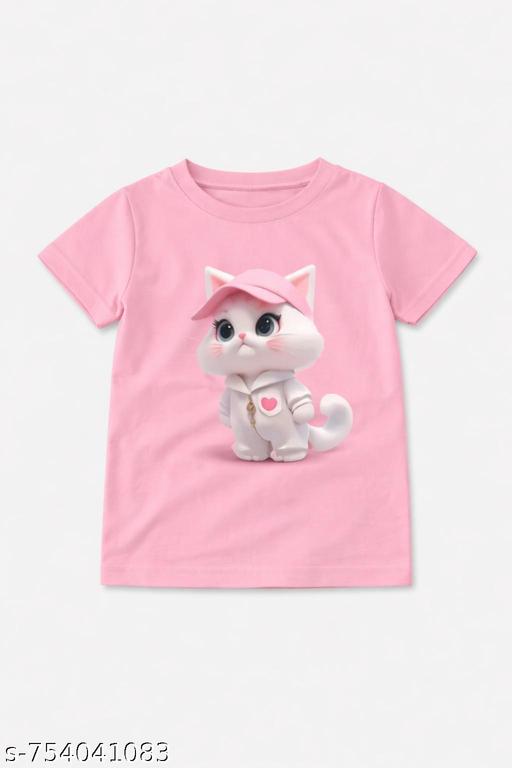 Pack of 3 Cute Cartoon Cat Printed Girls T-Shirts – Soft Cotton Kids Casual Wear (Any 3 Designs) - MC FASHIONS