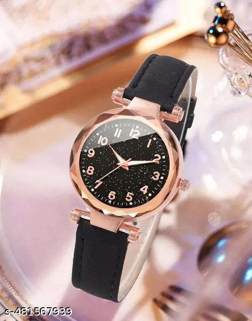Stylish Classy Designer Black Starry Sky Numeral Dial Leather belt Wrist Watch Girls Fashion Analog Watch - For Women Casual Round Quartz Watch for Daily Life New Collection Women's Watch Shiny Fashion Quartz Watch Casual Style Ladies Watch (Only Watch ) - MC FASHIONS