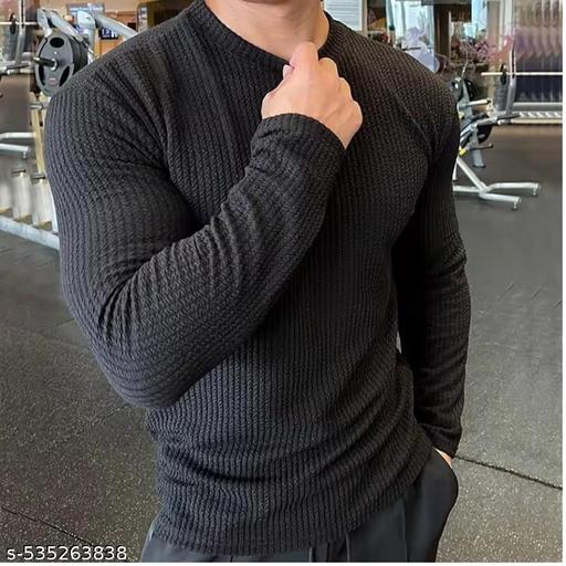 Men Round Neck Full Sleeve Cotton Blend Solid Regular Fit Black Tshirt - MC-FASHIONS.COM