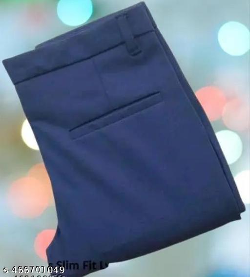 Men Slim Fit Navy Blue Blend Formal Trousers Pants - MC-FASHIONS.COM
