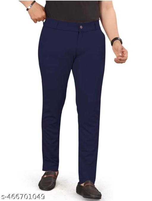 Men Slim Fit Navy Blue Blend Formal Trousers Pants - MC-FASHIONS.COM