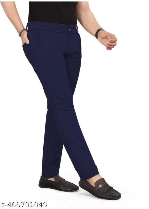 Men Slim Fit Navy Blue Blend Formal Trousers Pants - MC-FASHIONS.COM