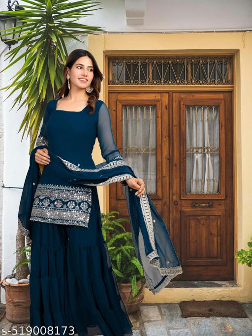 New Trendy Sharara Kurta Set for Haldi & Mehndi | Blue Sharara | Black Sharara | Red Sharara | Green Sharara | Pink Sharara | Purple Sharara | Golden Sharara | Silver Sharara | Beige Sharara | White Sharara - MC-FASHIONS.COM