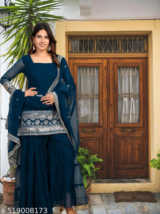 New Trendy Sharara Kurta Set for Haldi & Mehndi | Blue Sharara | Black Sharara | Red Sharara | Green Sharara | Pink Sharara | Purple Sharara | Golden Sharara | Silver Sharara | Beige Sharara | White Sharara - MC-FASHIONS.COM
